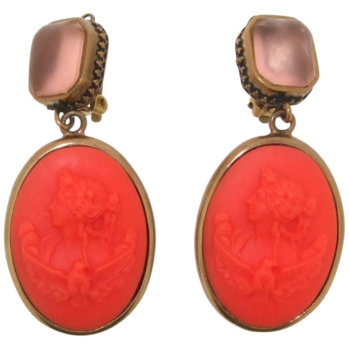 Extasia Coral Glass Cameo Earrings For Sale