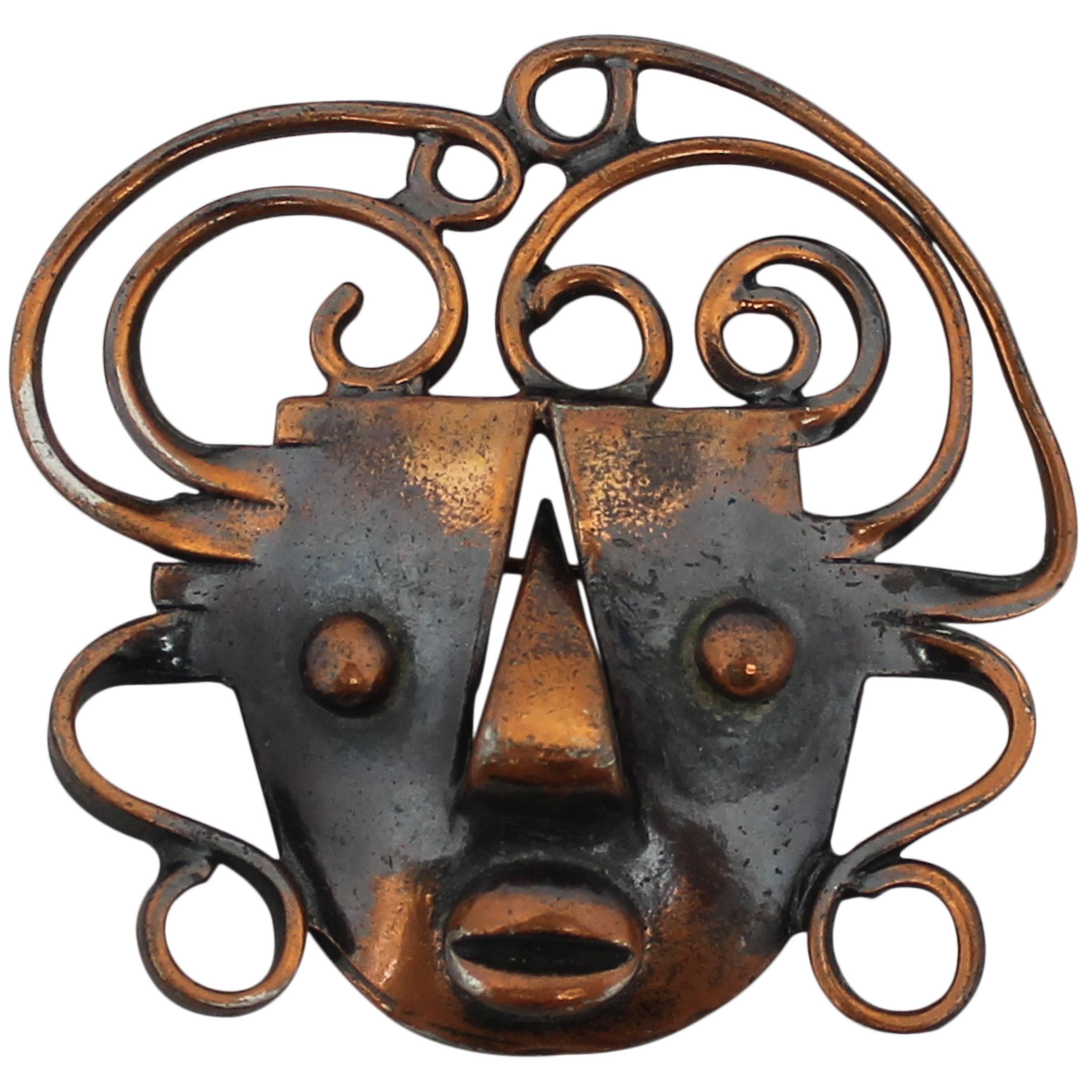 Rebajes Vintage Copper Brazilian Mask Pin - 1950's