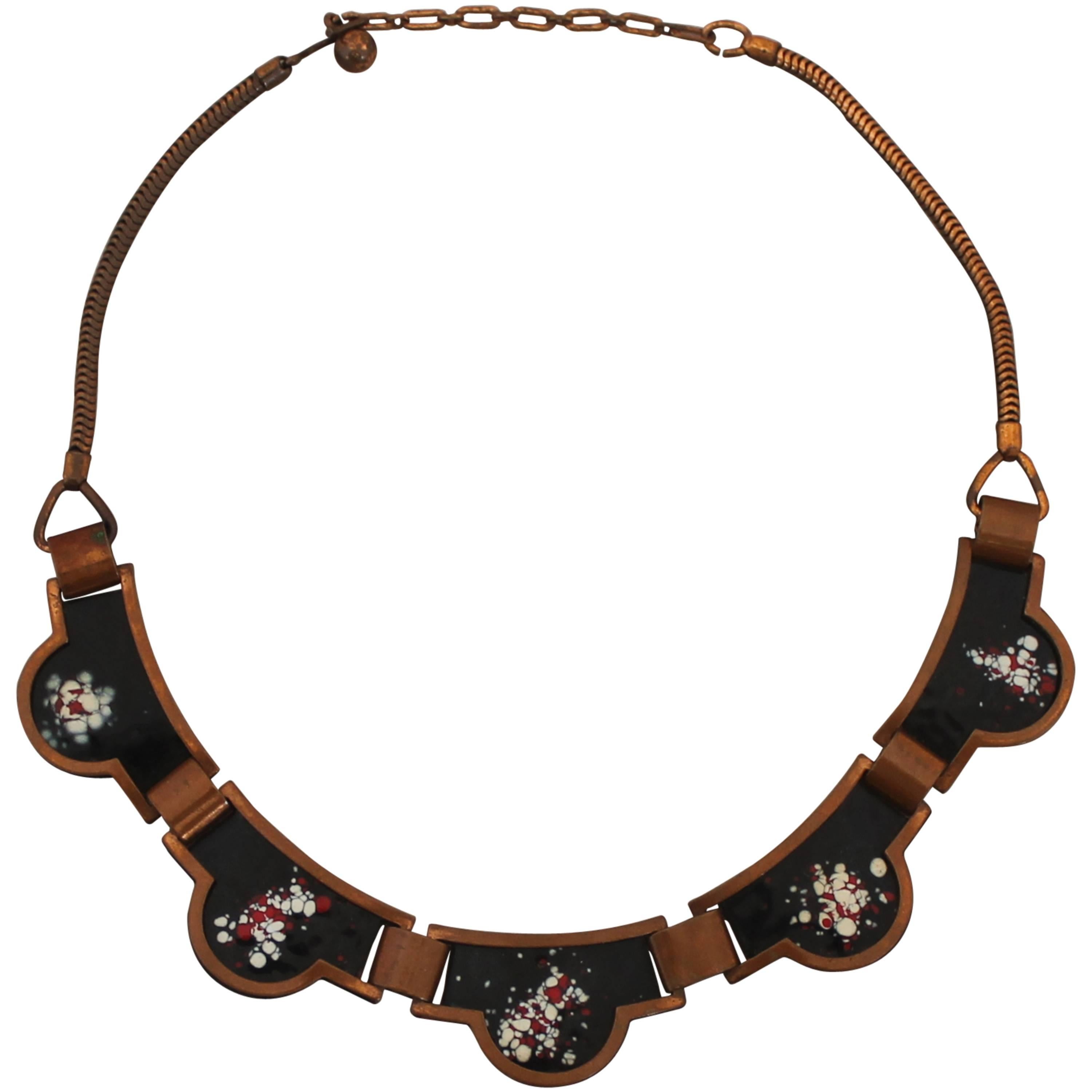 Rebajes Vintage Copper Necklace with Black Enamel - circa 1950's