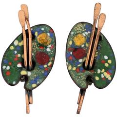 Matisse Vintage Painter's Palette Copper and Enamel Clip Earrings - 1950's