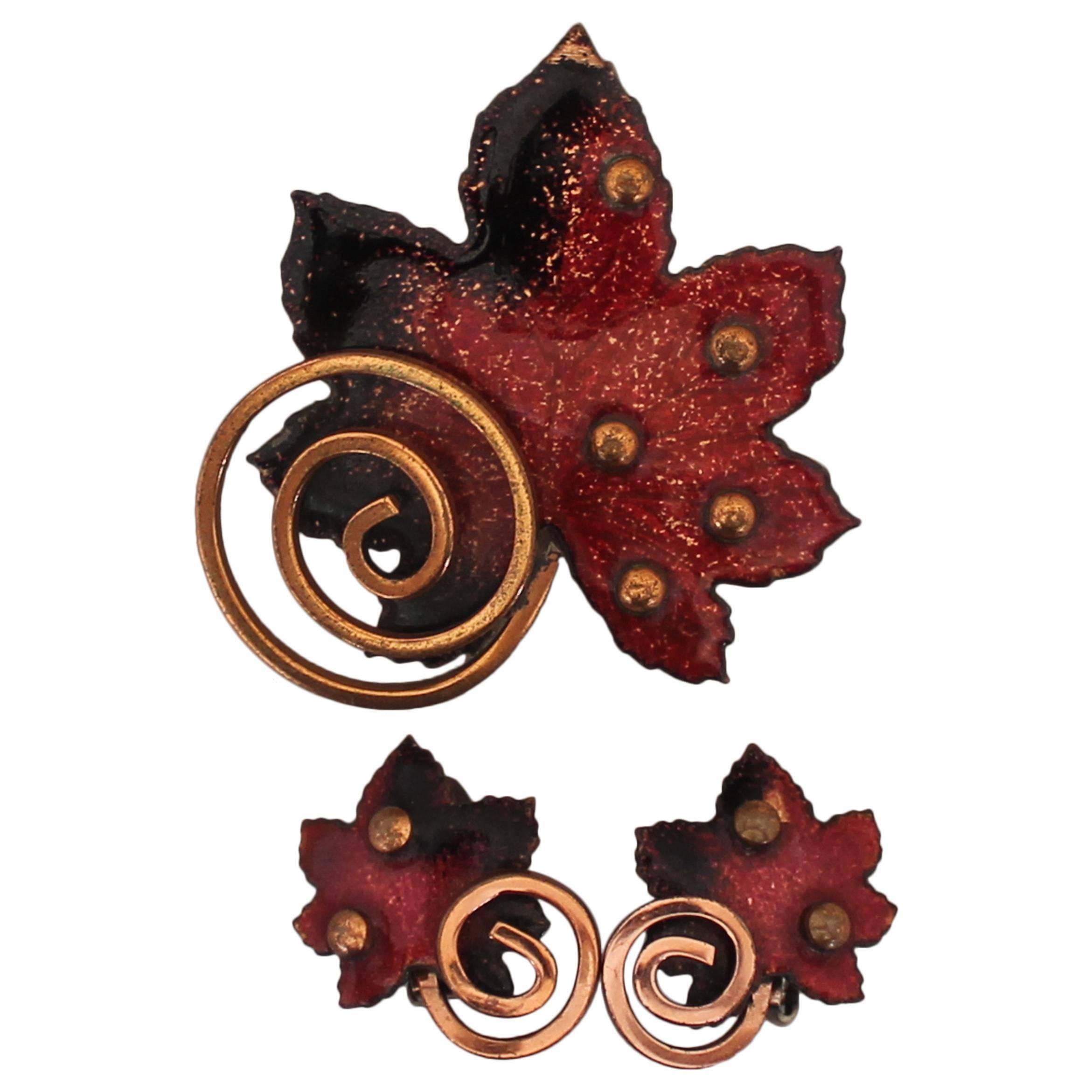 Matisse Vintage Red Enamel & Copper Maple Leaf Clip Earrings & Pin Set - 1950's