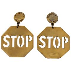 Moschino Vintage Goldtone Stop Sign Clip-on Earrings - circa 1980's 
