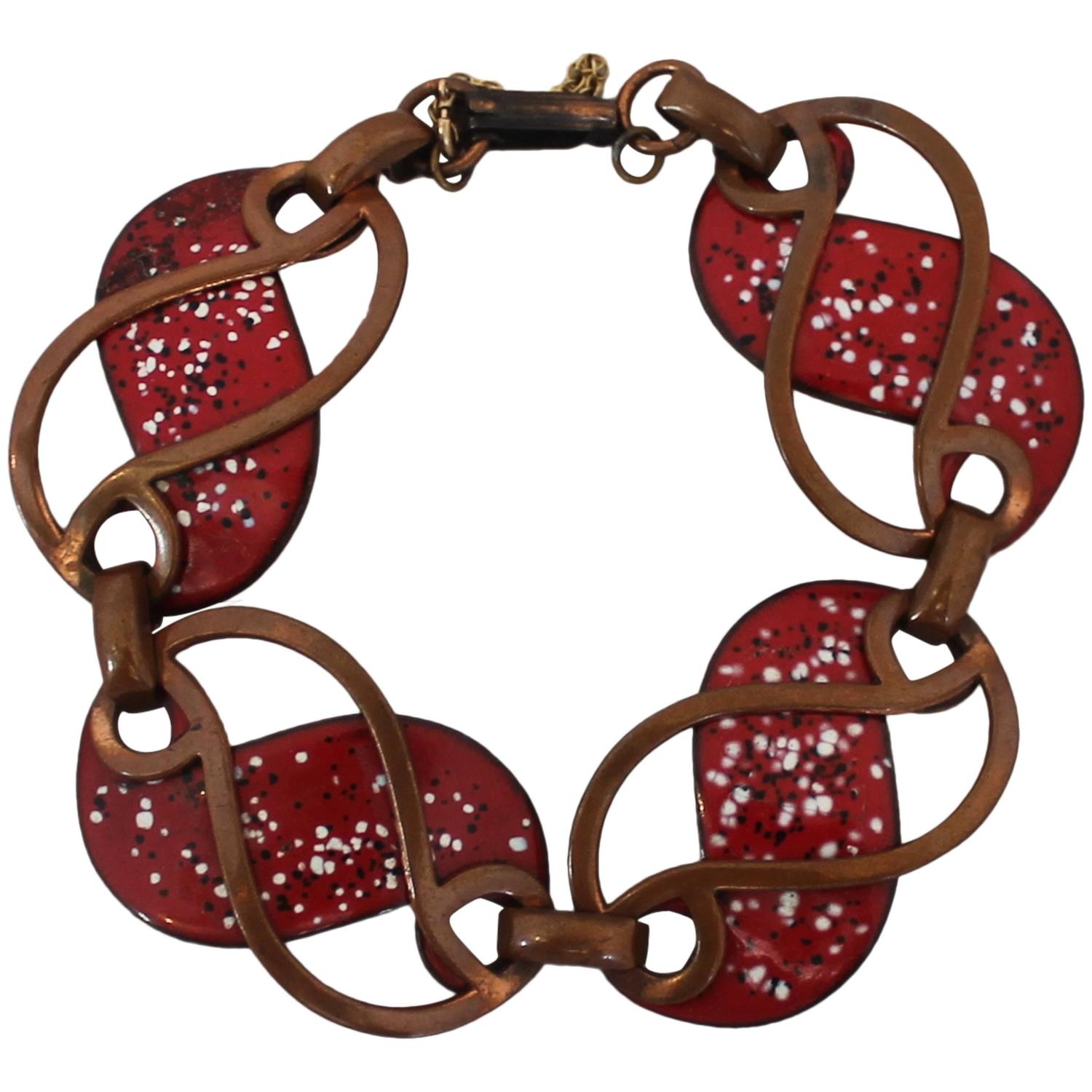 Rebajes Vintage Copper Cutout Bracelet with Red Enamel circa 1950's