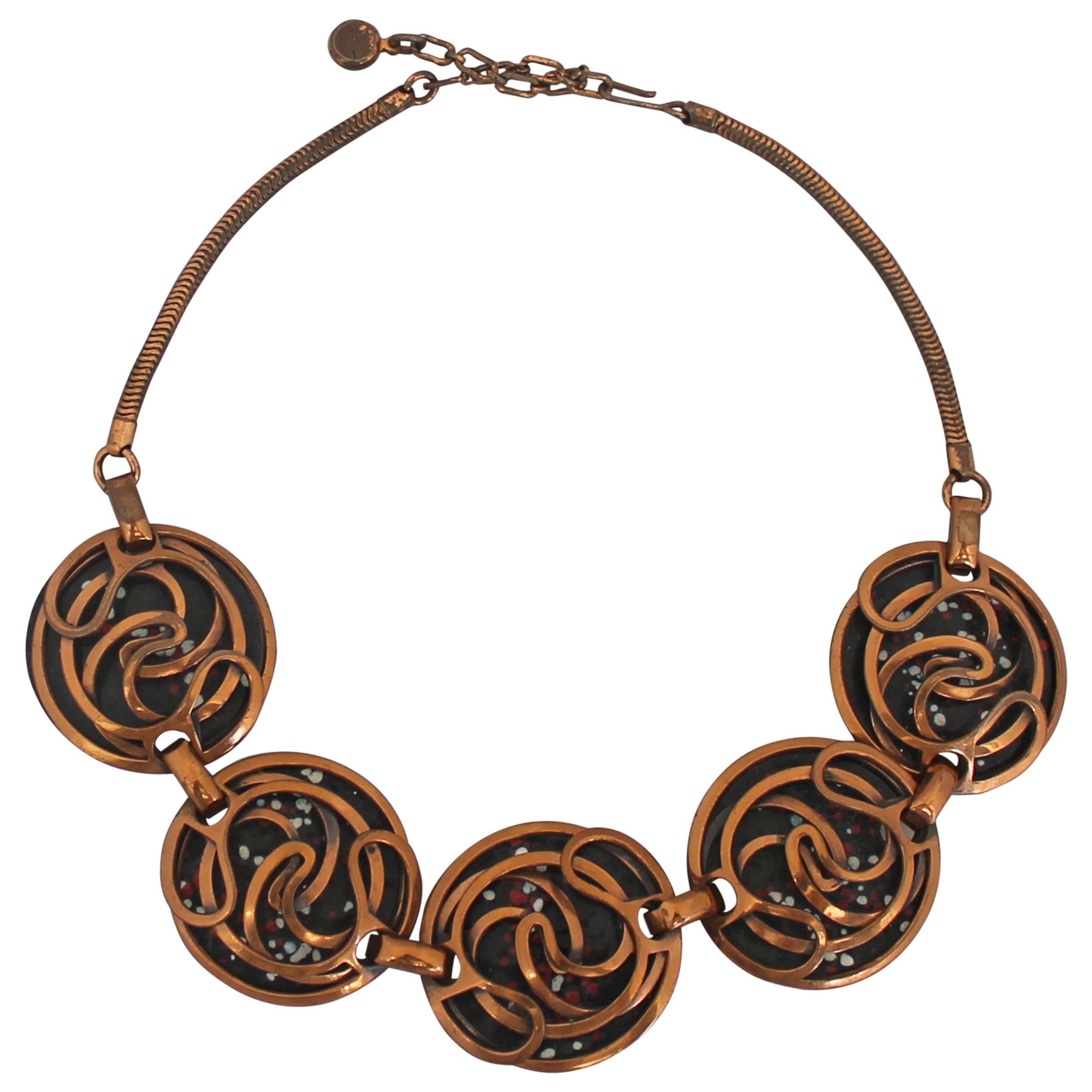 Rebajes Vintage Copper and Black Enamel Necklace w/ Swirl Design - circa 1950's