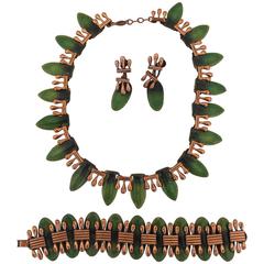 Matisse Renoir Retro Copper & Green Enamel 3-Piece Parure - circa 1950's