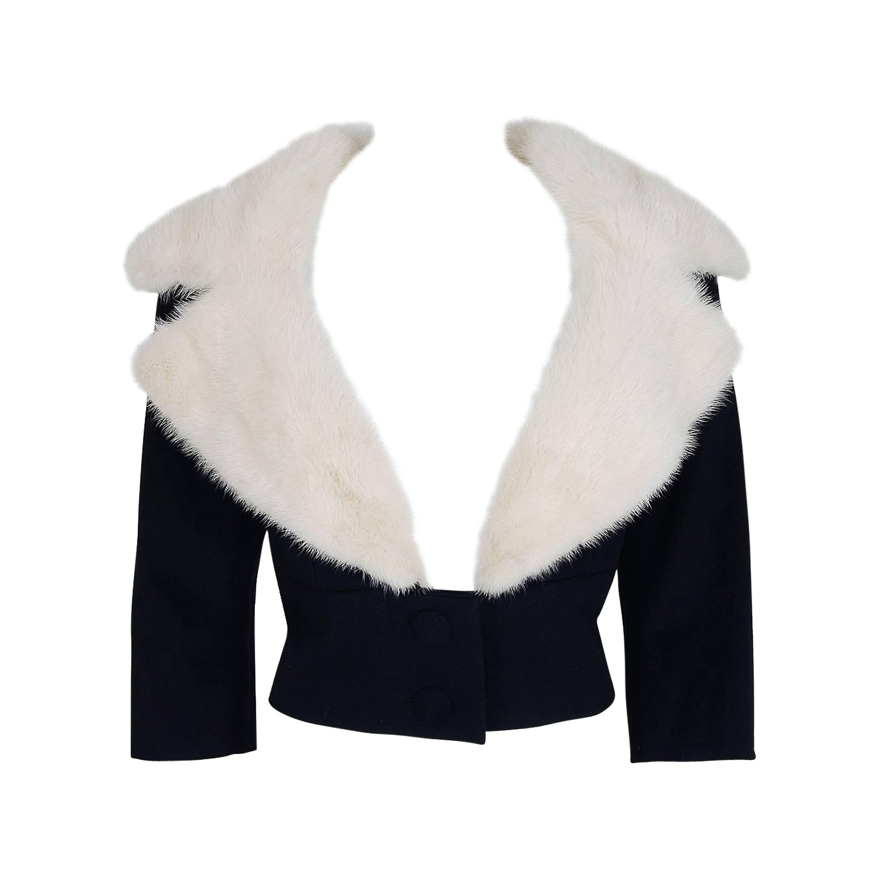 1955 Jean Patou Haute-Couture White Mink Fur & Black Wool Cropped Bolero Jacket