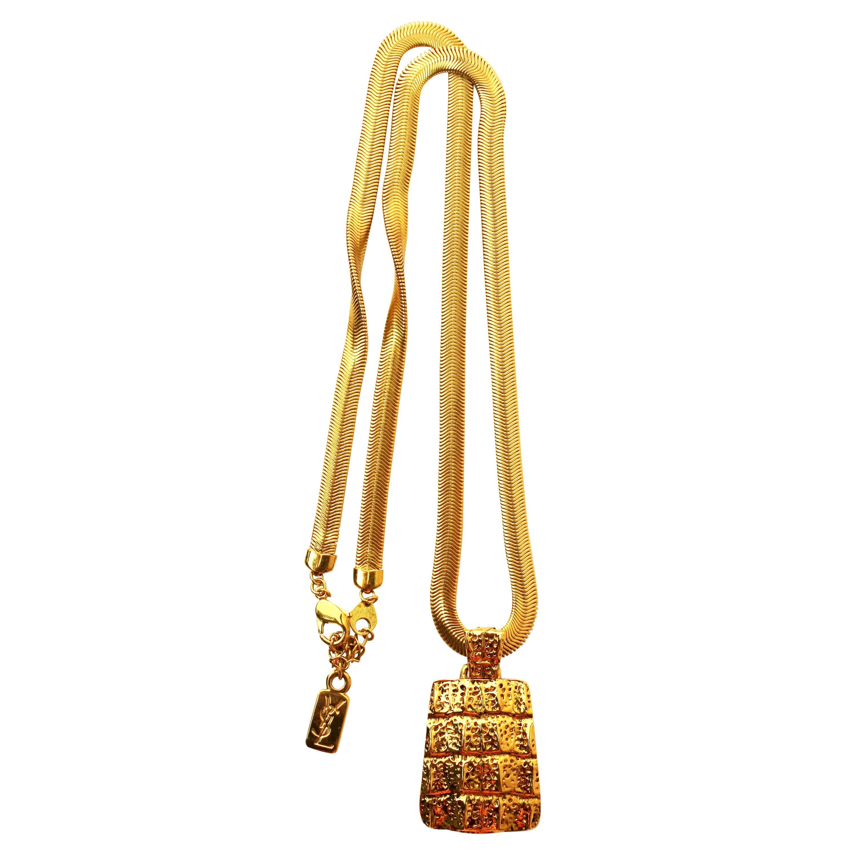 Vintage Yves Saint Laurent Gold Necklace with Crocodile Pendant For Sale