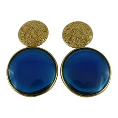 Yves Saint Laurent Vintage Massive Gold and Blue Disc Dangling Earrings 6