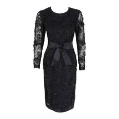 1978 Yves Saint Laurent Haute-Couture Black Lace Illusion Belted Cocktail Dress