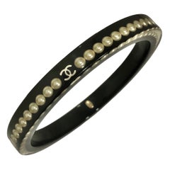 Chanel Clear and Black Resin Narrow Bangle with CC and Faux Pearls Embedded