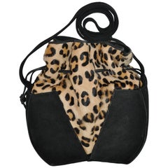 Retro Gino Black Suede & Leopard Print Stamped Pony-Skin Hobo Shoulder Bag