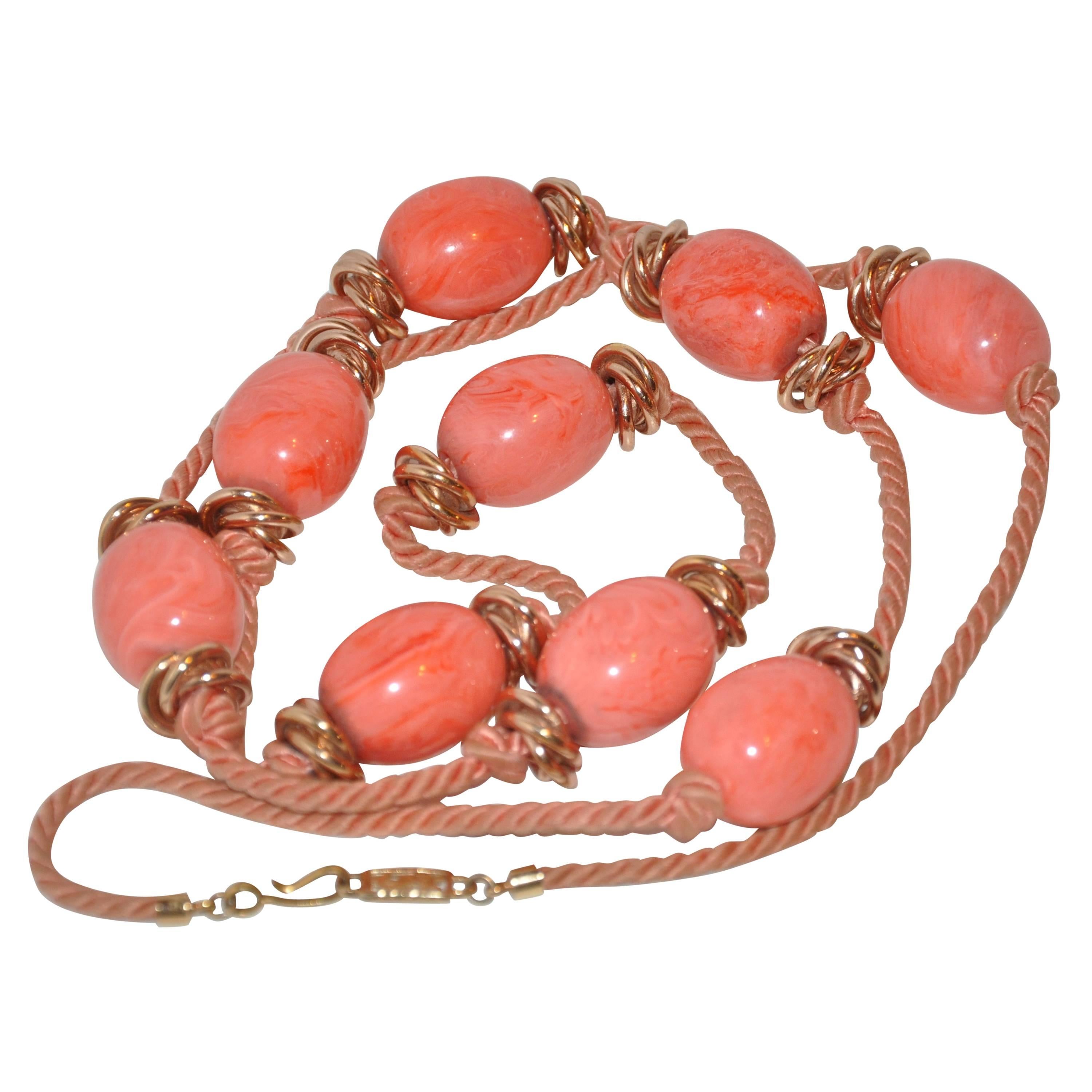 Yves Saint Laurent Coral Lucite with Gold Hardware Silk Cord Necklace For Sale