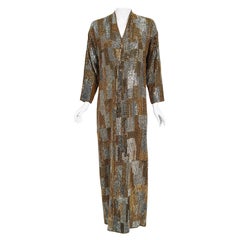 Vintage 1970s Halston Couture Gold and Silver Beaded Silk Maxi Wrap Gown Jacket