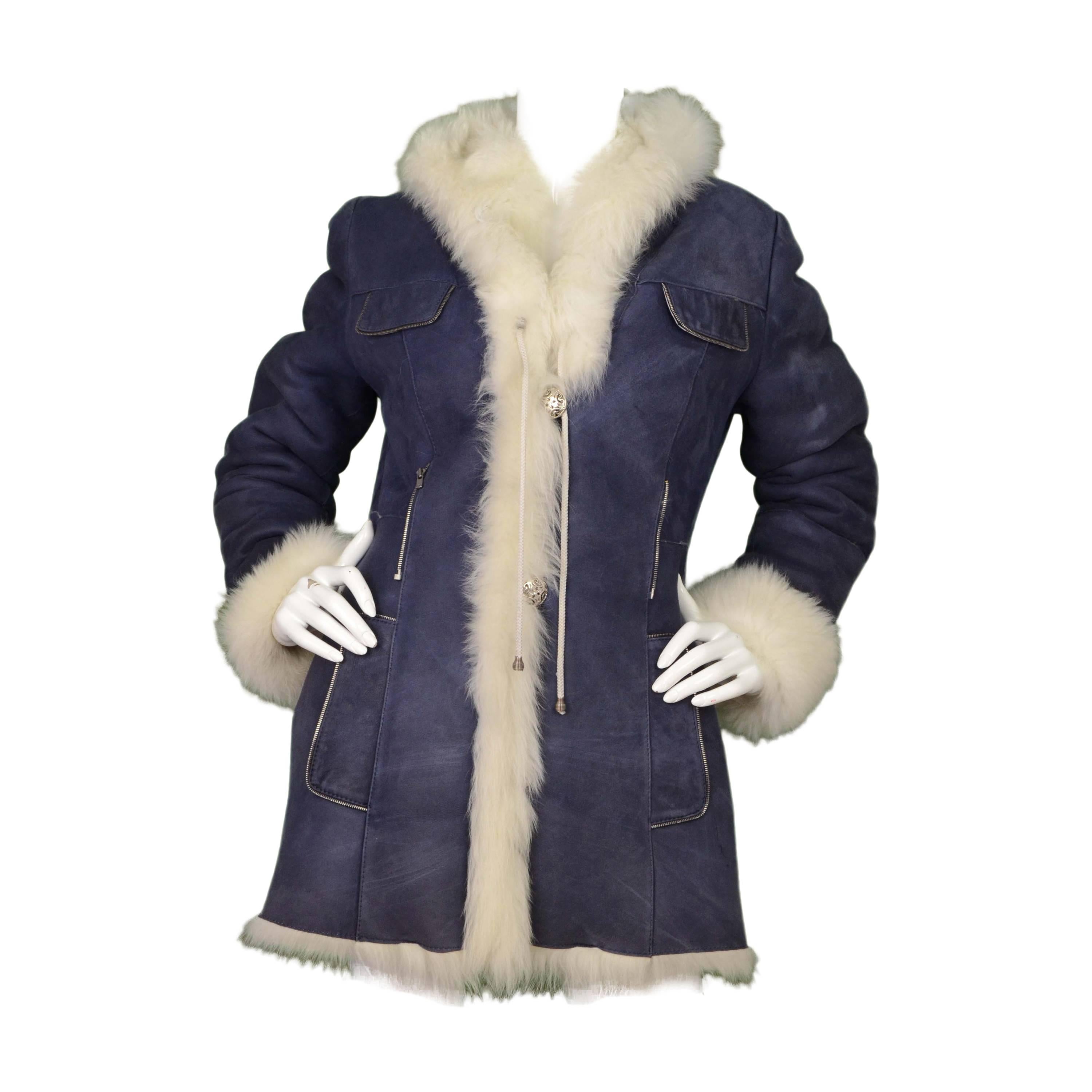 Armando Diaz Purple Suede & White Fur Coat sz 12