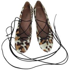 Alaia leopard print hair calf lace up ballet flats 38 1/2