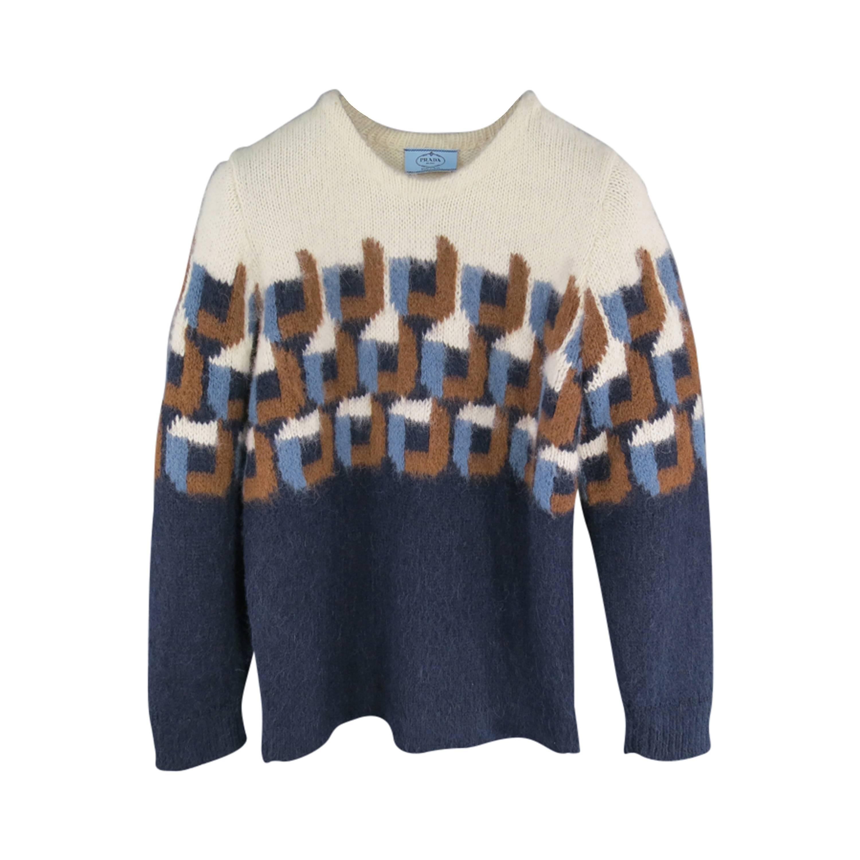 PRADA Size S Navy & Cream Baby Alpaca Geometric Color Block Sweater