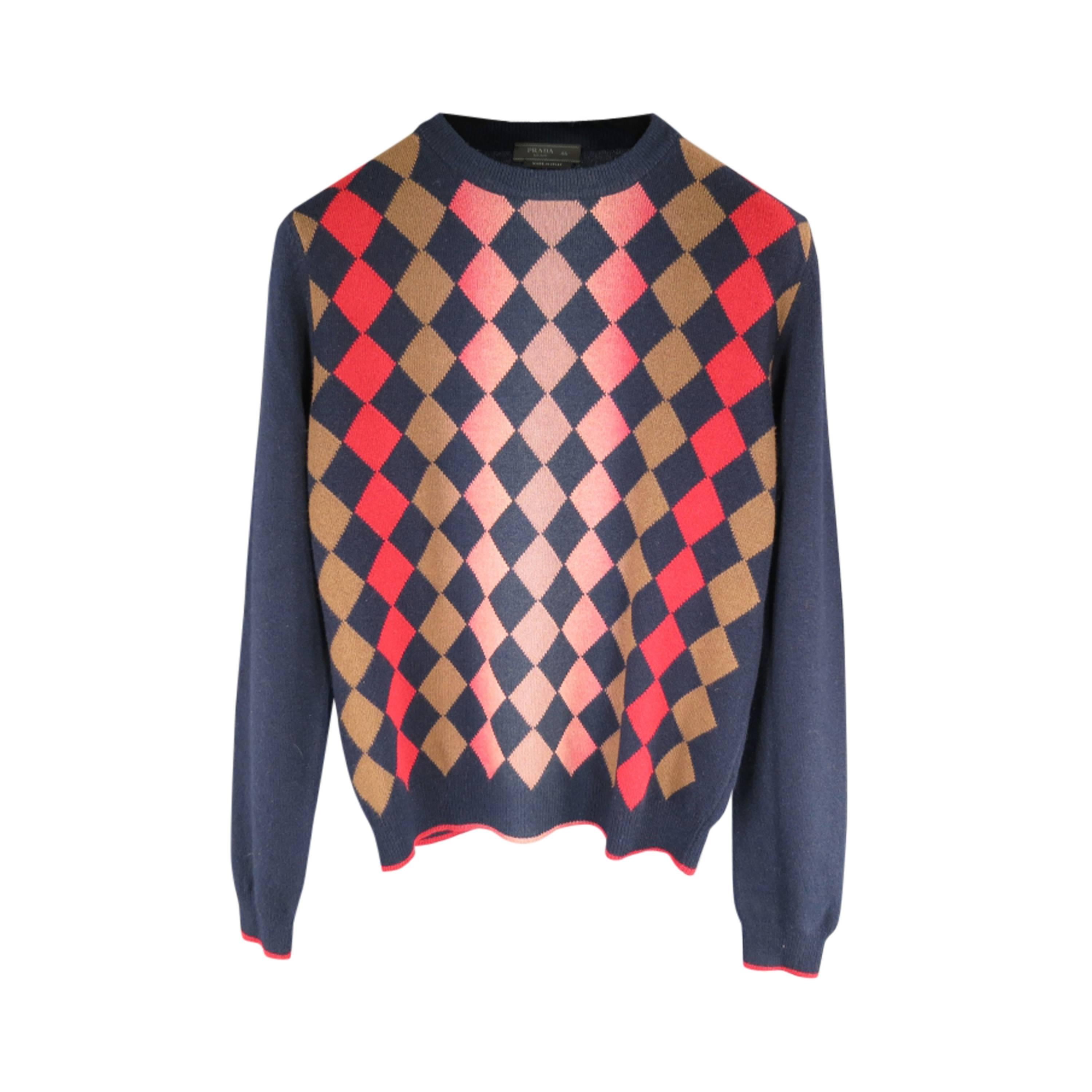 PRADA Size XS Navy Red & Beige Wool Ombre Argyle Pattern Pullover