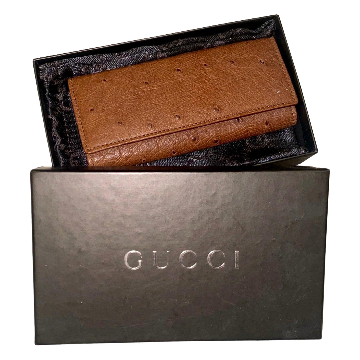 UNWORN Gucci Full Brown Exotic Ostrich Skin Key Case Wallet - Full Set