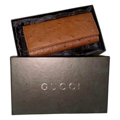 Used UNWORN Gucci Full Brown Exotic Ostrich Skin Key Case Wallet - Full Set
