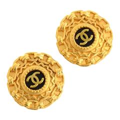 Chanel Chain Gold Tone Black CC Round Earrings