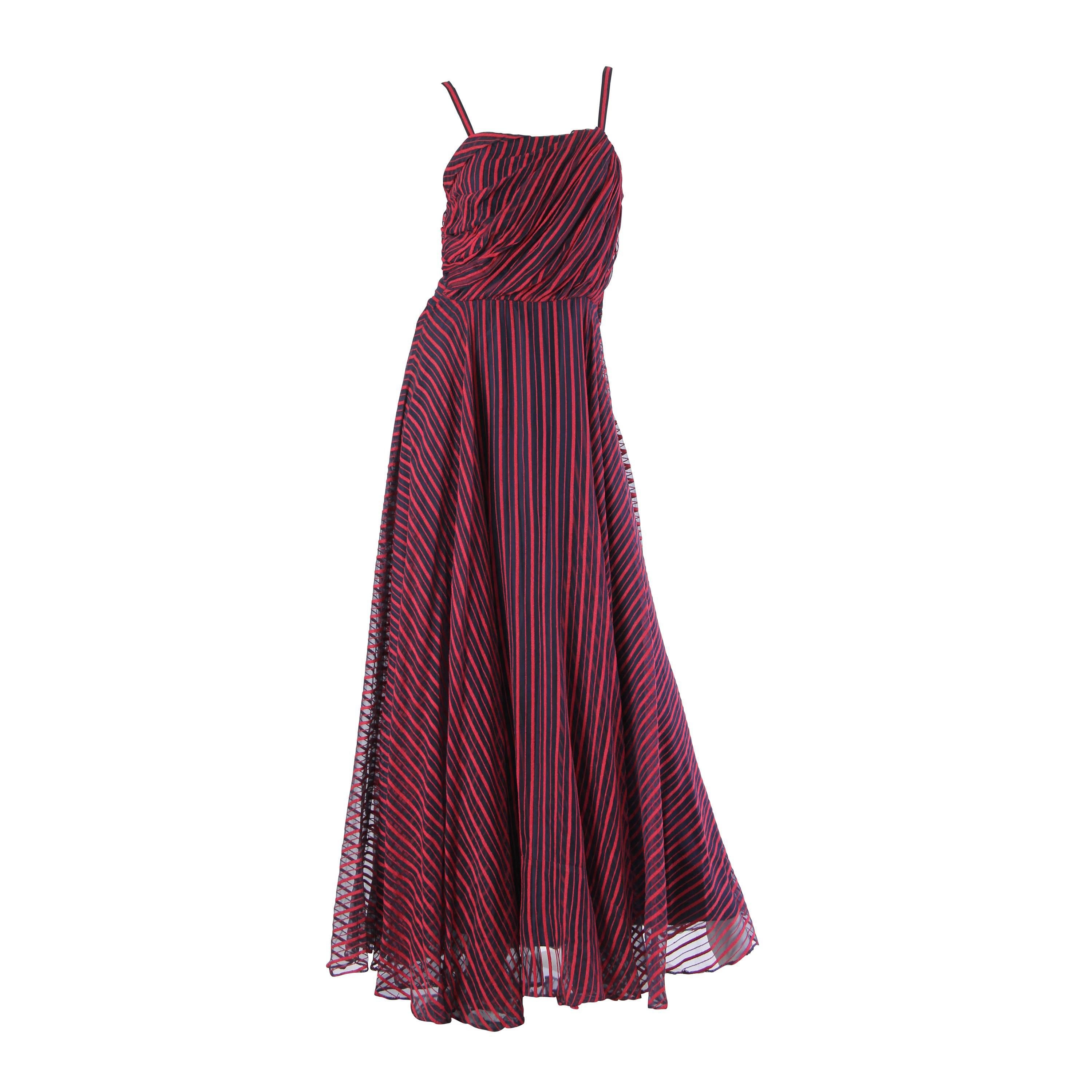 1940S Red & Navy Silk Striped Organza Gown With Full Ballroom Swing Skirt Drape For Sale
