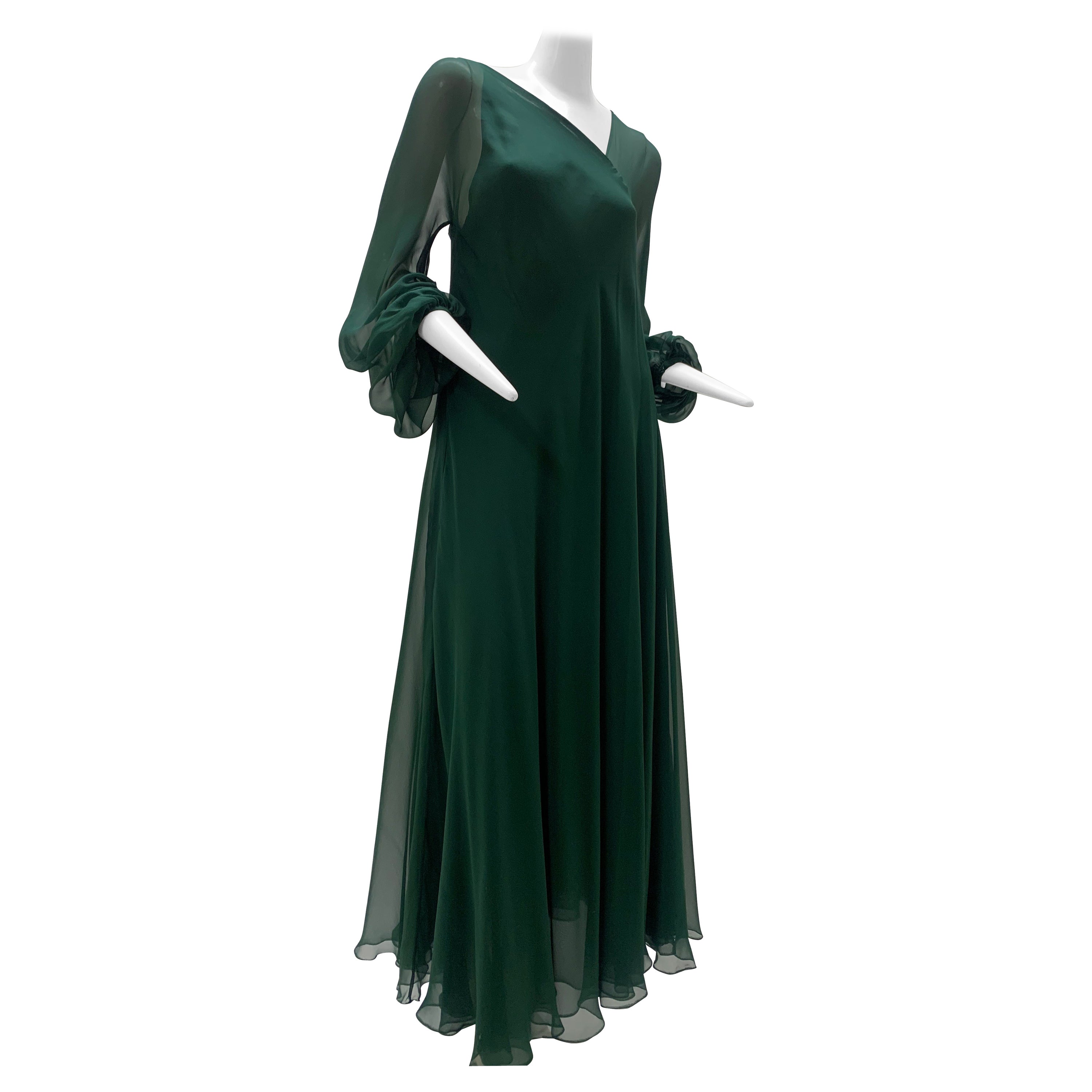 1970s Halston Forest Green Silk Chiffon Layered Bias Cut Asymmetrical Maxi Dress For Sale