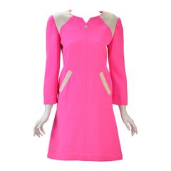 Vintage Courreges Paris Hot Pink Color Blocked Dress and Coat Ensemble 