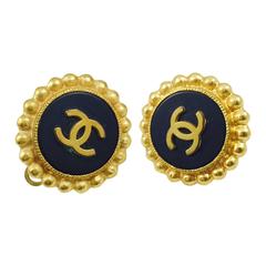 Chanel  Gold Tone and Black Double C Logo Clip On Earrings