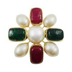 Chanel Gripoix Glass and Faux Pearl Maltese Cross Brooch