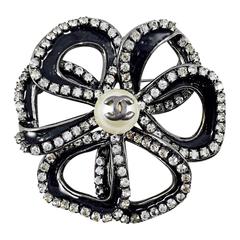 Chanel Black Enamel Camellia Brooch With Strass Crystals