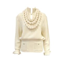 Chanel 100% Ivory Wool Pullover Sweater With Triple Strand Necklace
