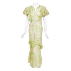 Vintage 1930's Green Pink Abstract Watercolor Sheer Organdy Ruffle Bias-Cut Gown
