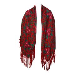 Vintage Red Russian Wool Challis Shawl with Fringe