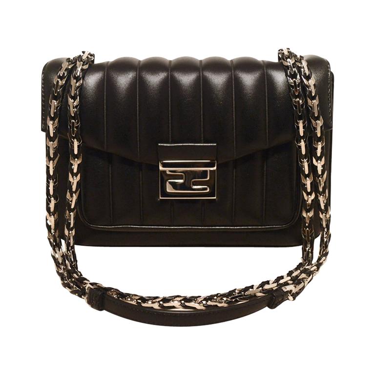 Fendi Black Stripe Quilted Leather Classic Flap Shoulder Bag For Sale ...