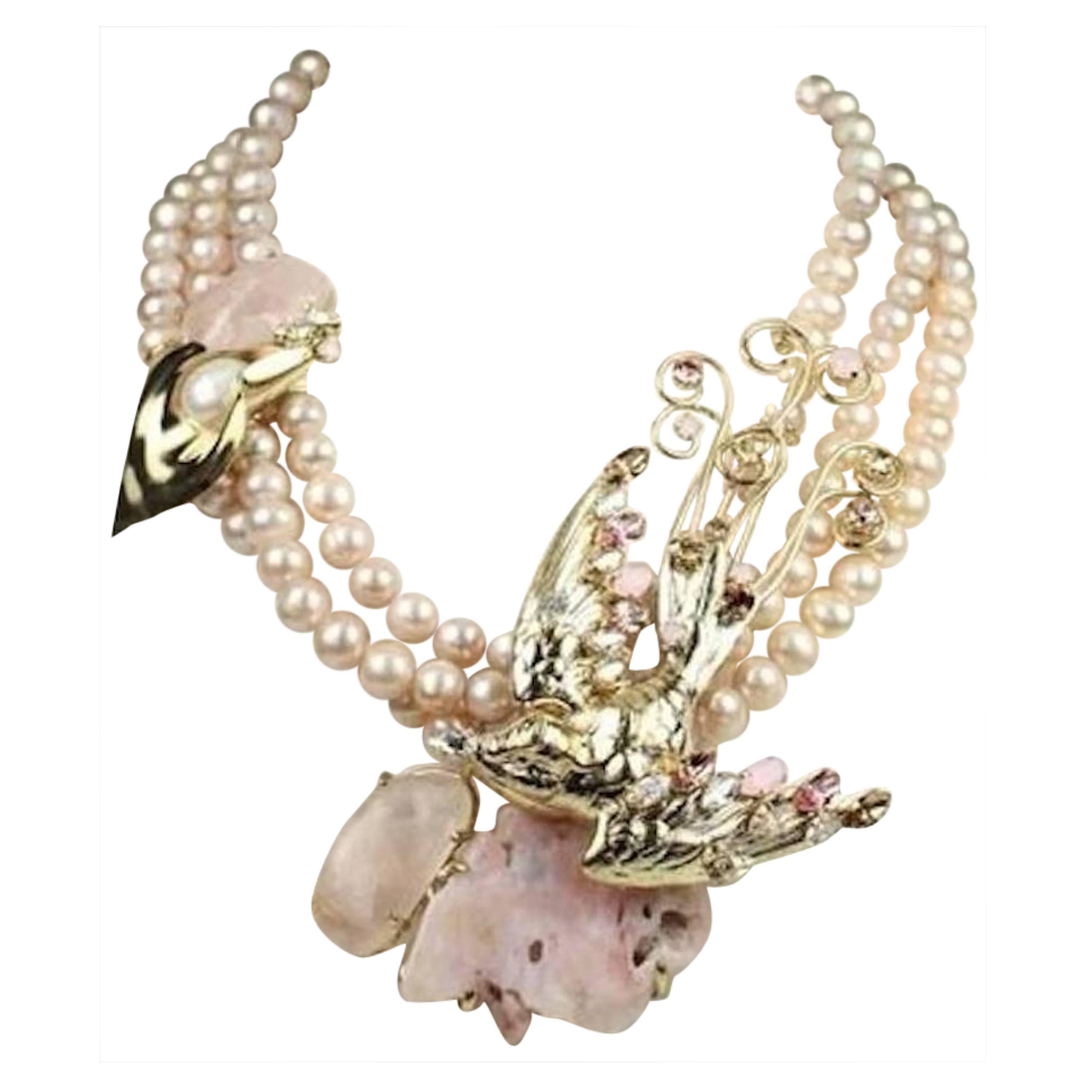 Philippe Ferrandis Pink Glass, Quartz, and Swarovski Crystal Bird Motif Necklace