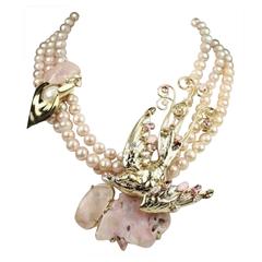Philippe Ferrandis Pink Glass, Quartz, and Swarovski Crystal Bird Motif Necklace 9