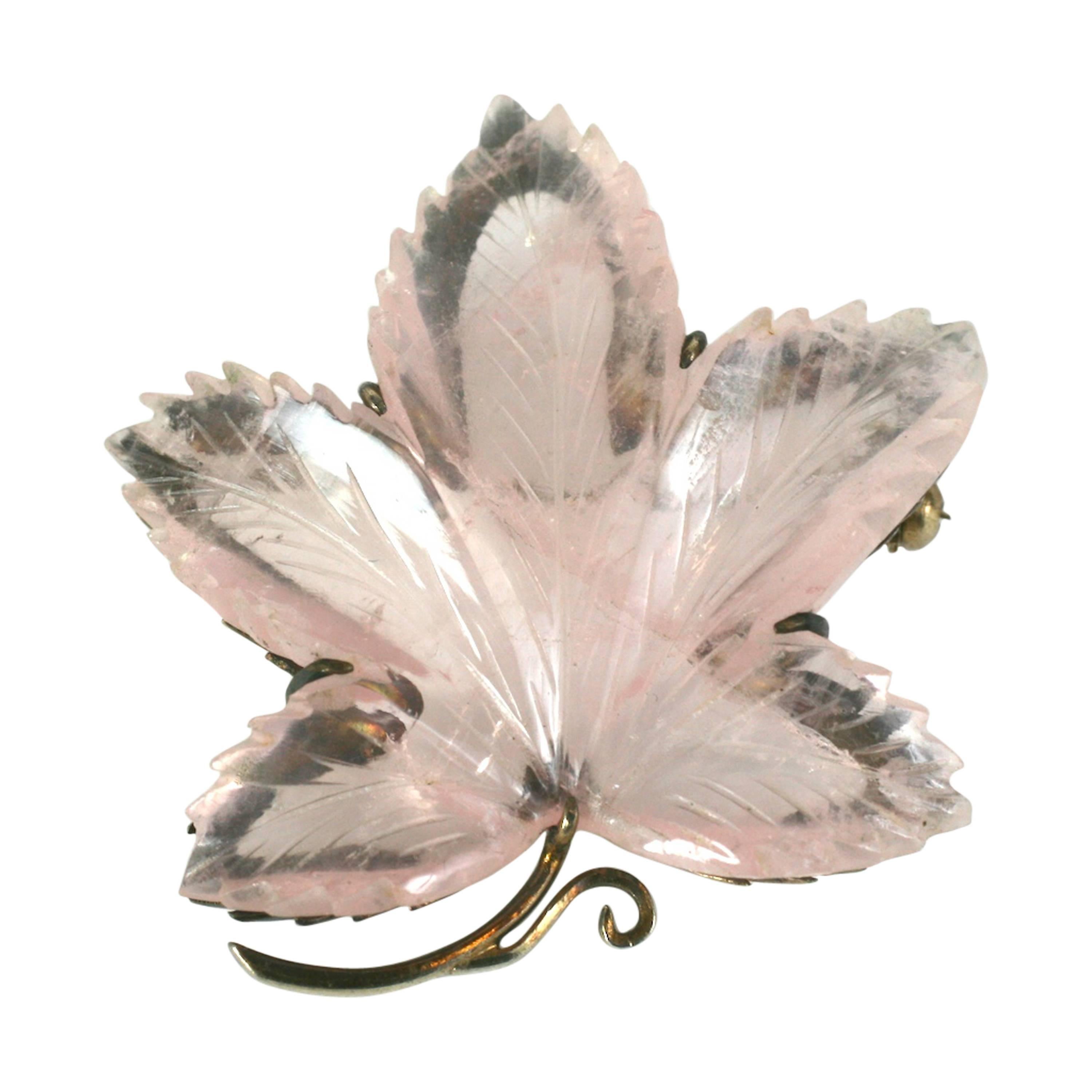 Charming Rose Quartz Leaf Brooch For Sale