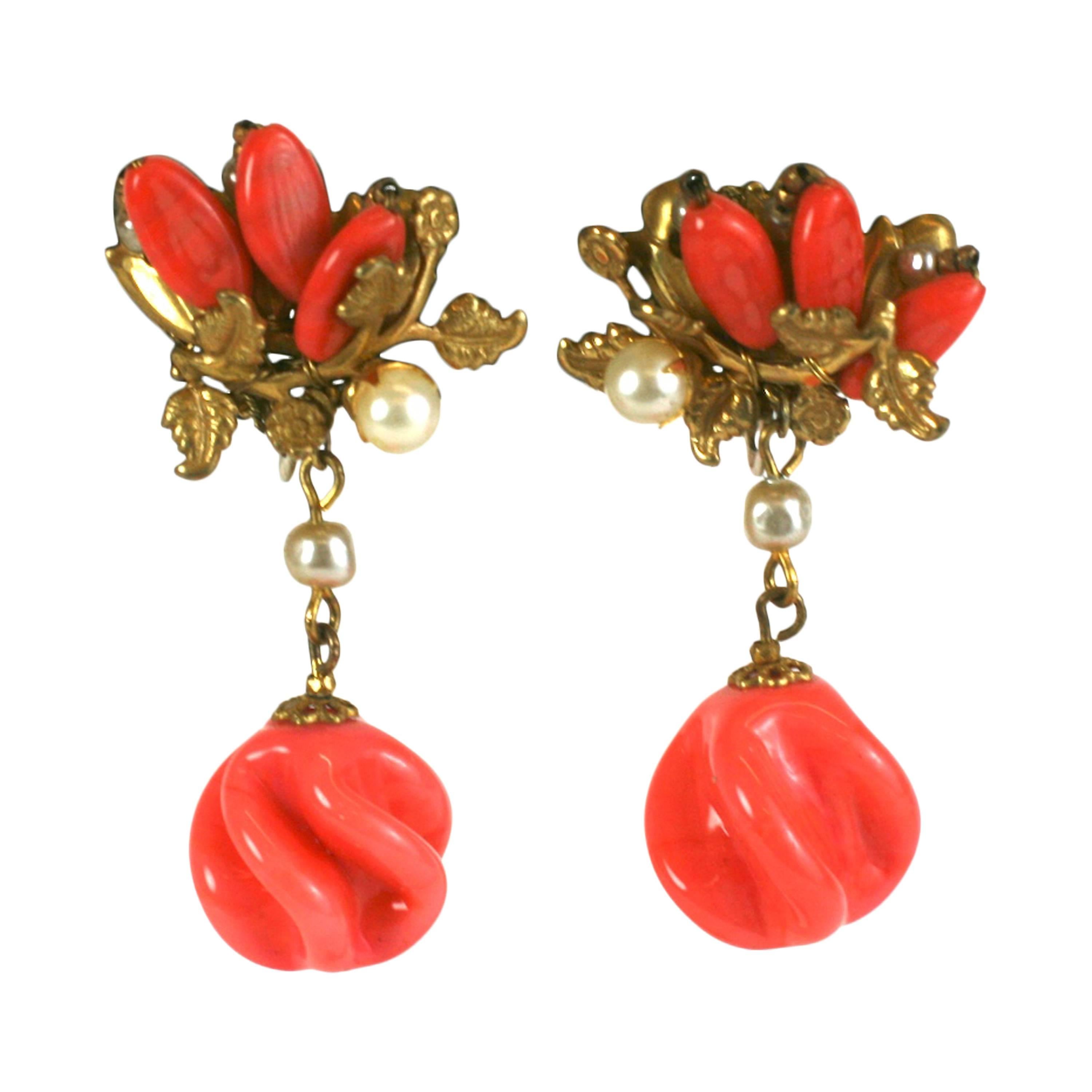 Miriam Haskell Faux Coral Pate de Verre Earclips For Sale