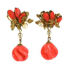 Miriam Haskell Faux Coral Pate de Verre Earclips