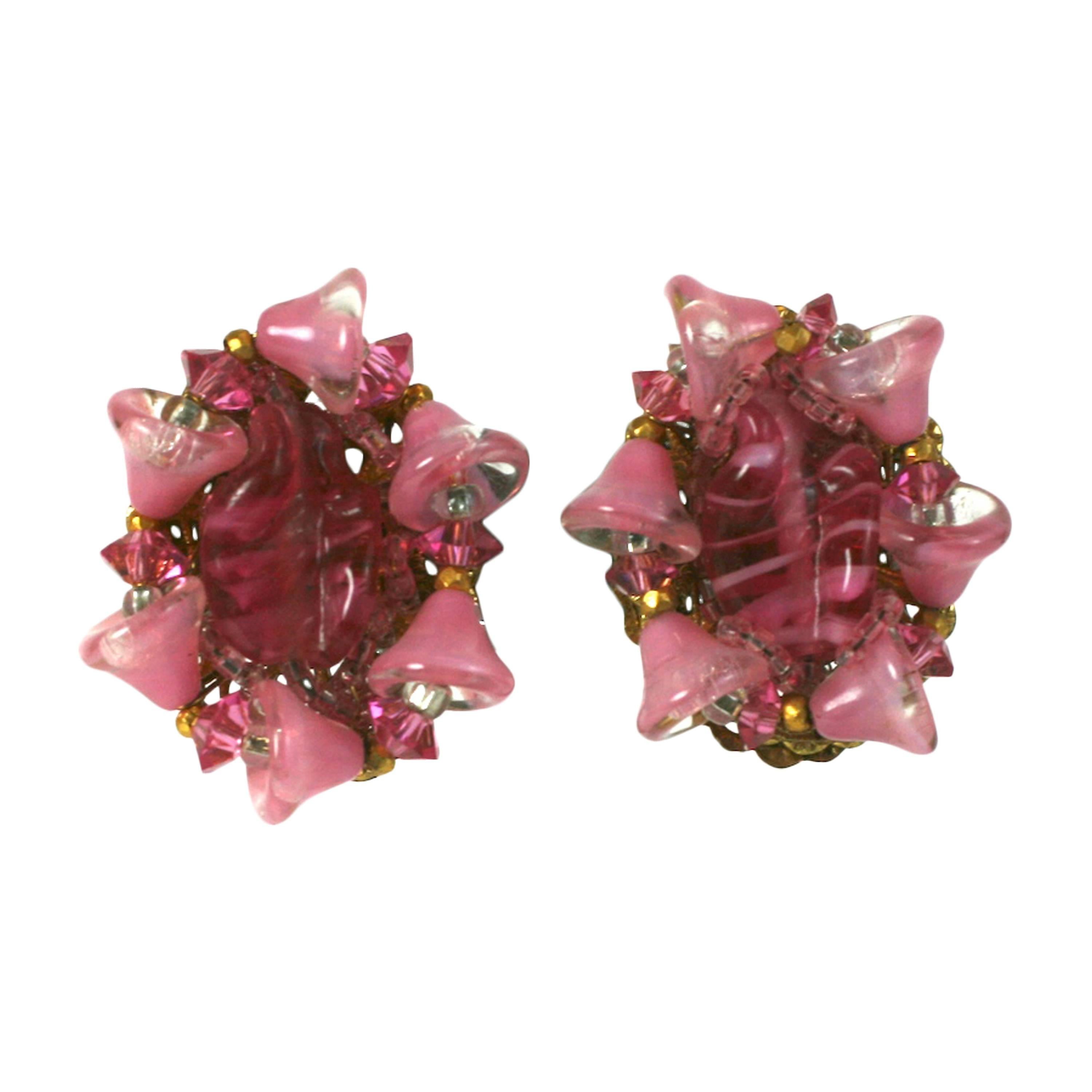 Miriam Haskell Pink Pate de Verre Earclips For Sale