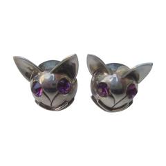Whimsical Mexican Sterling Cat Design Cuff Links ca 1970