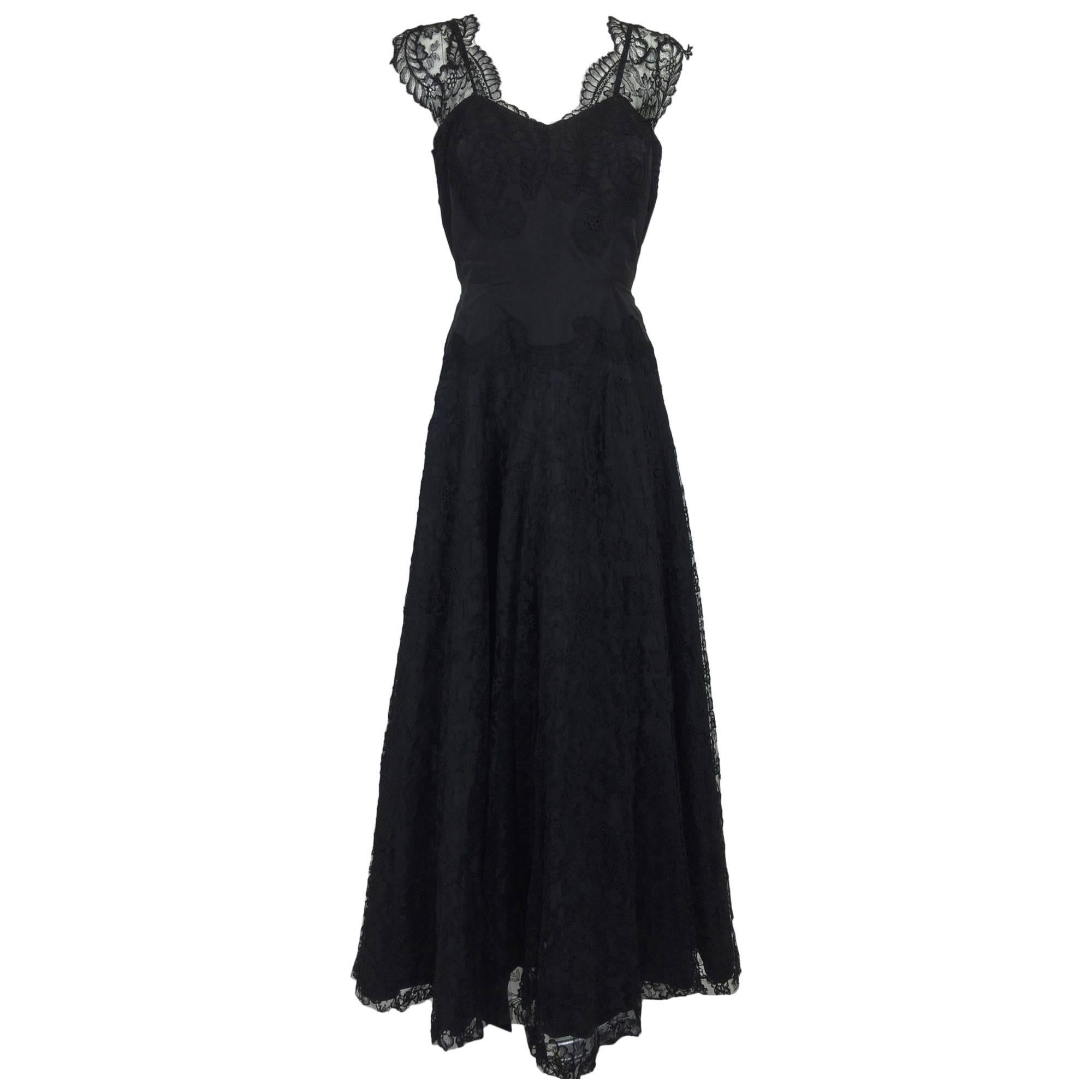 1950s Palm Beach Estate handmade black silk taffeta & lace evening gown 