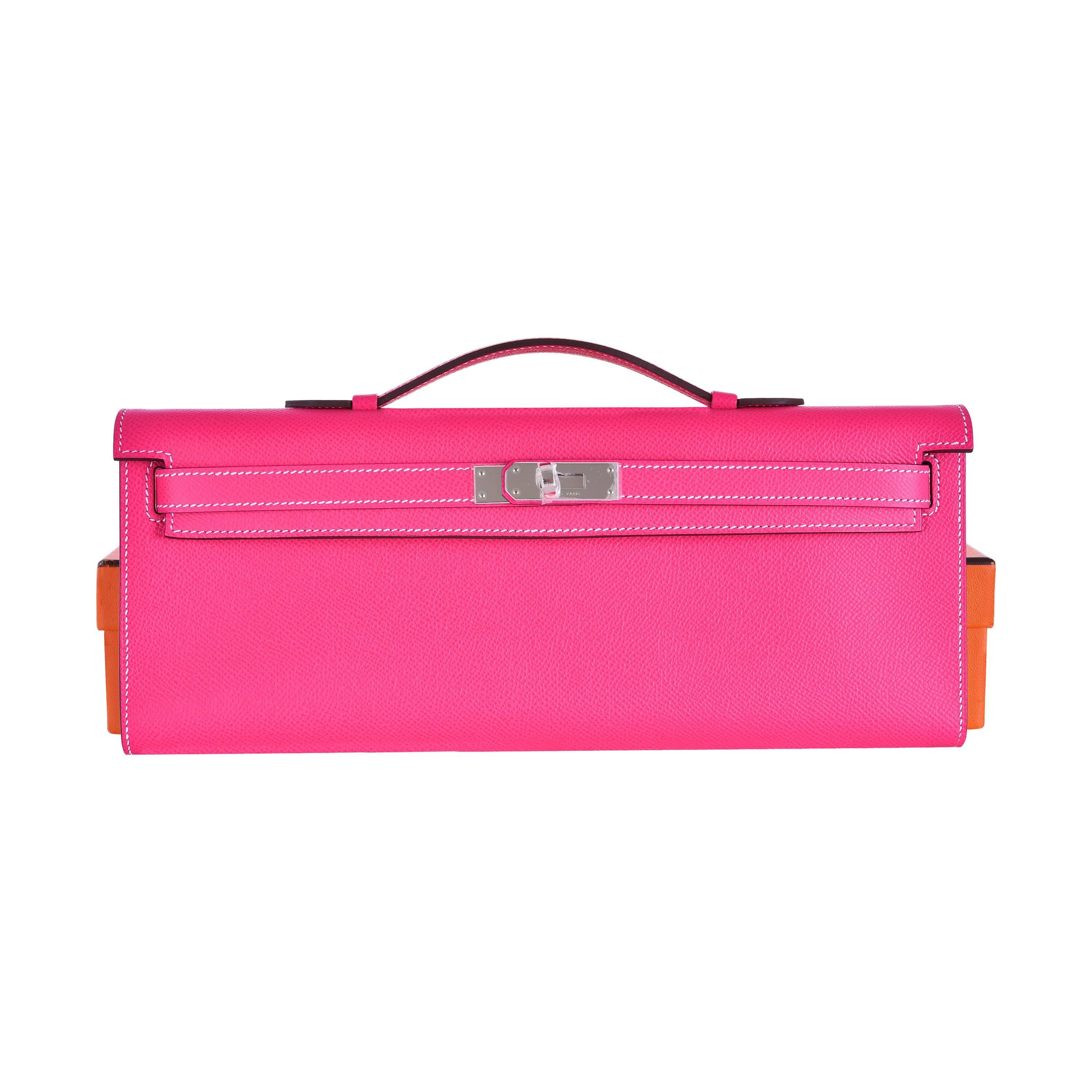 Hermes Rose Tyrien epsom Kelly Cut Clutch Amazing Color only on JaneFinds