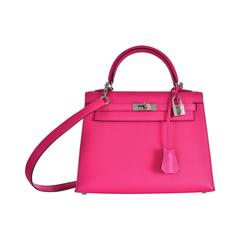 Hermes Kelly 25cm Bag Pink Fuschia Sallier Chevre Goat skin Leather JaneFinds
