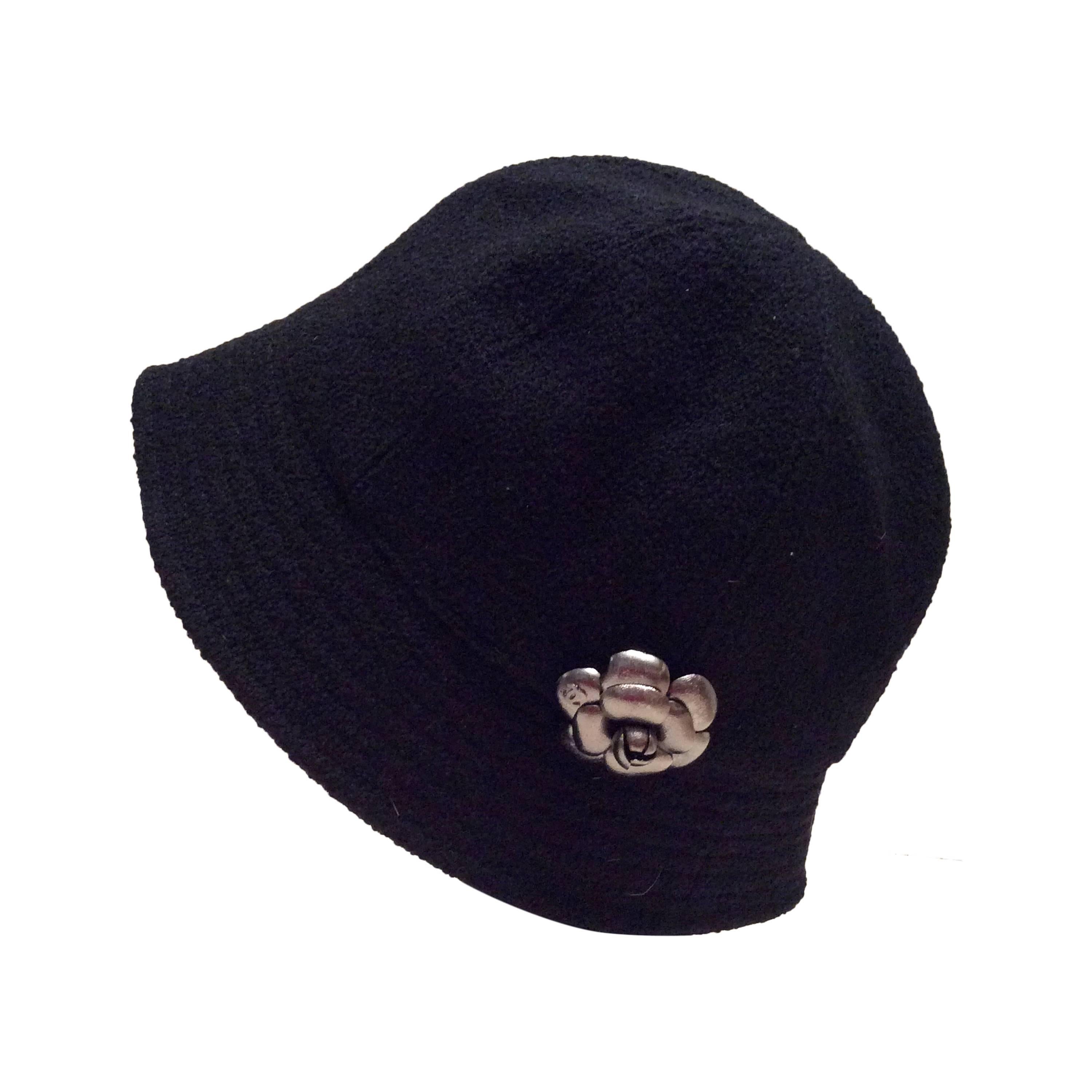 Chanel Black Boucle Hat with Silver Tone Camellia  For Sale