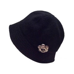 Chanel Black Boucle Hat with Silver Tone Camellia 