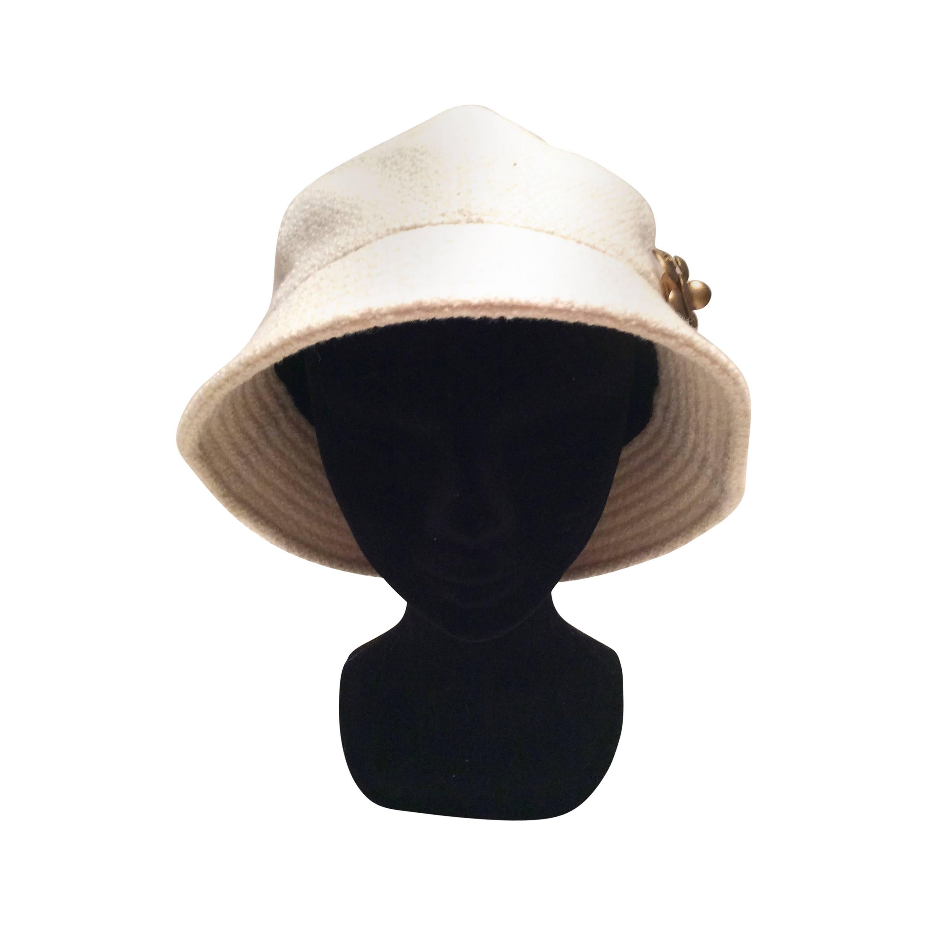 Chanel White Boucle Hat with Gold Tone Camellia  For Sale