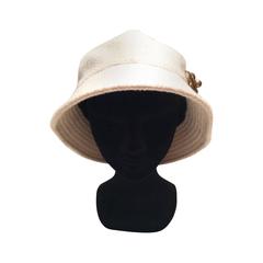Chanel White Boucle Hat with Gold Tone Camellia - Size 58 2