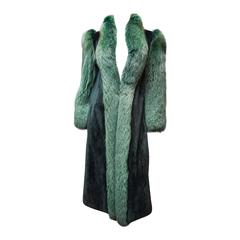 Manteau de fourrure de renard vert et de vison effilé Saks Fifth Avenue des années 1980