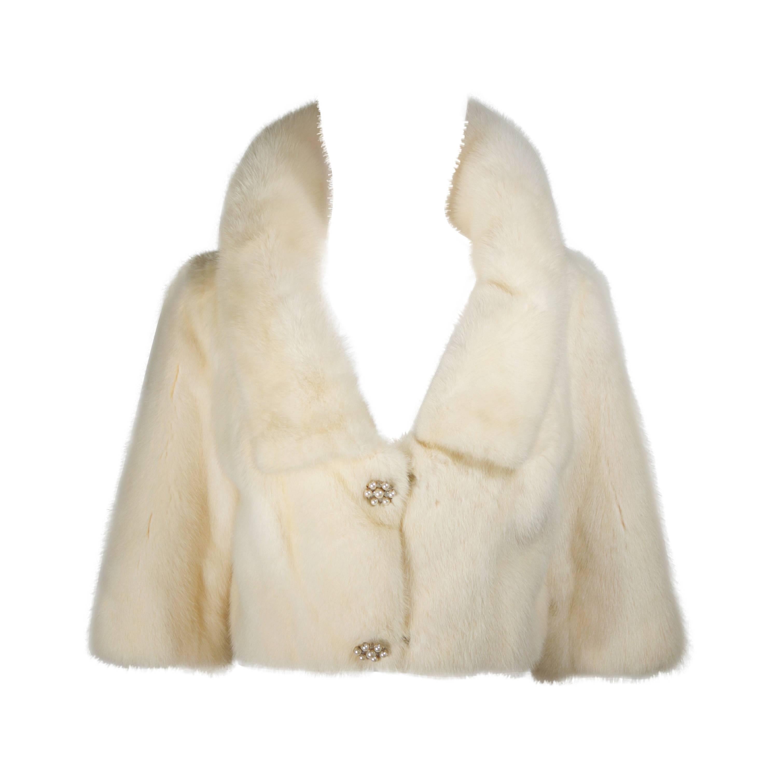 OLEG CASSINI Veste en vison crème avec boutons en strass et fausses perles Taille 6-8